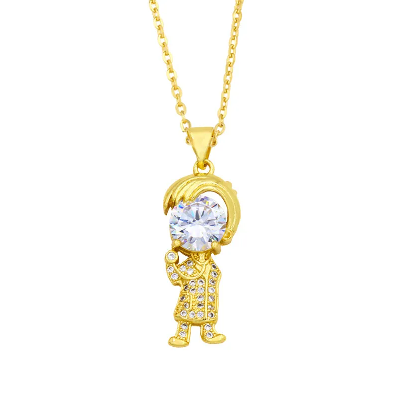 Gold Plated Boy Girl Necklace for Women Family Jewelry Copper CZ Rhinestone Necklaces