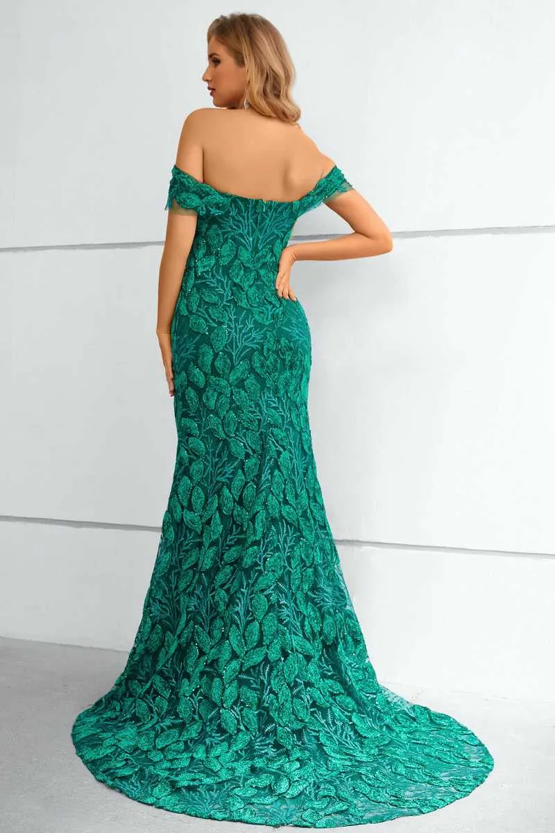 Green Lace Off-the-Shoulder Mermaid Long Formal Gown