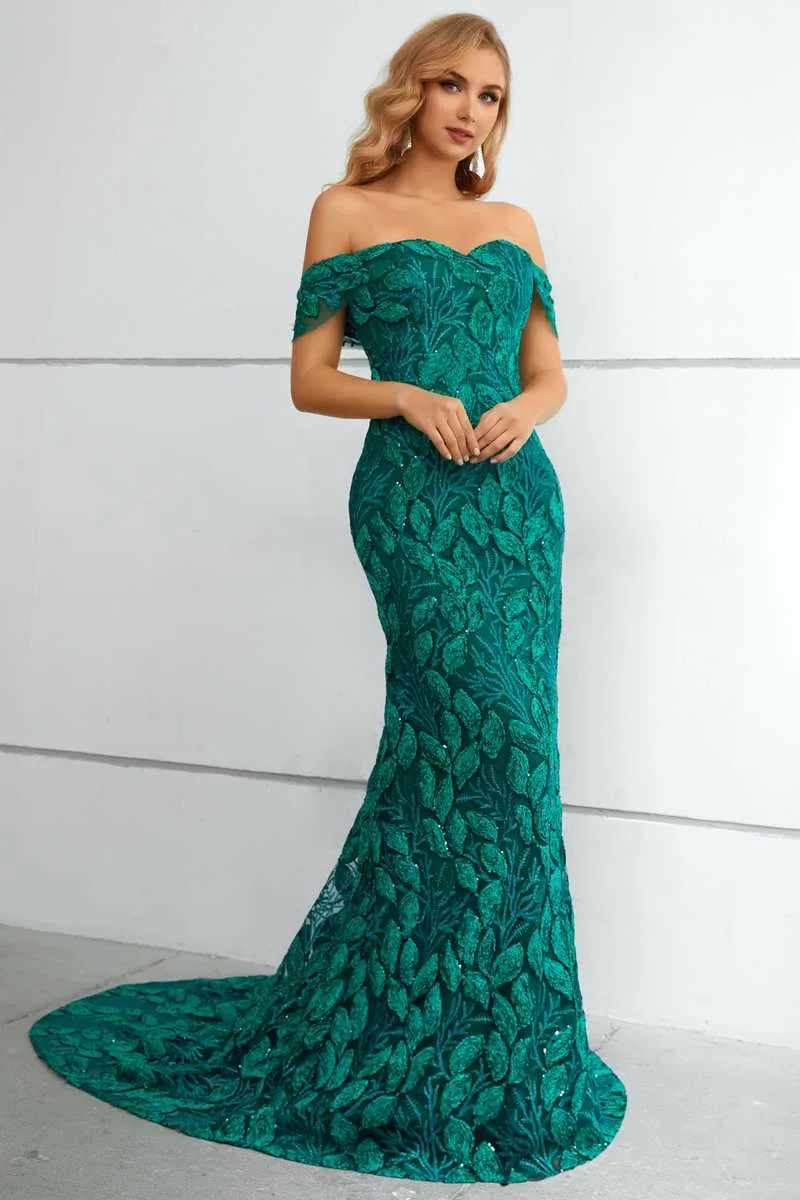 Green Lace Off-the-Shoulder Mermaid Long Formal Gown