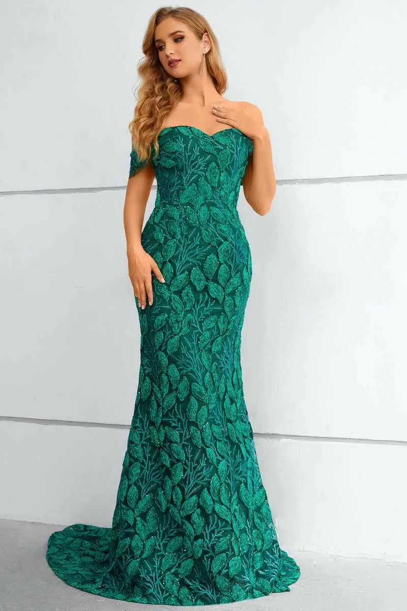 Green Lace Off-the-Shoulder Mermaid Long Formal Gown