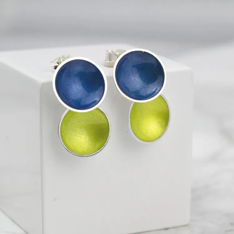 Halo Silver and Colorful Medium Enamel Double Drop Earrings