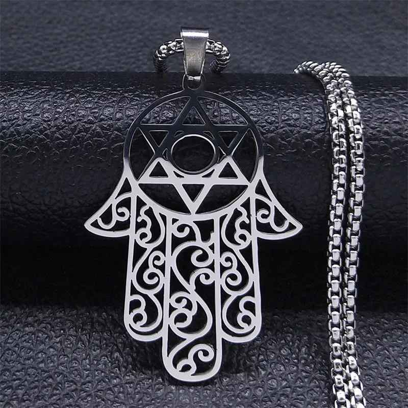 Hamsa Hand Of Fatima Necklace Stainless Steel Silver Color Jewish Magen Star of David Necklaces