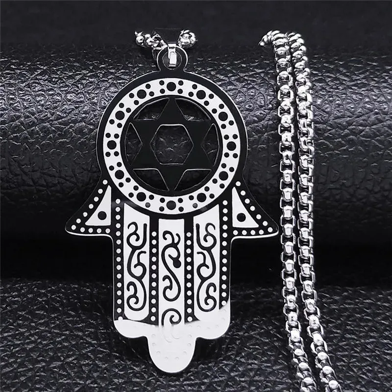 Hamsa Hand Of Fatima Necklace Stainless Steel Silver Color Jewish Magen Star of David Necklaces