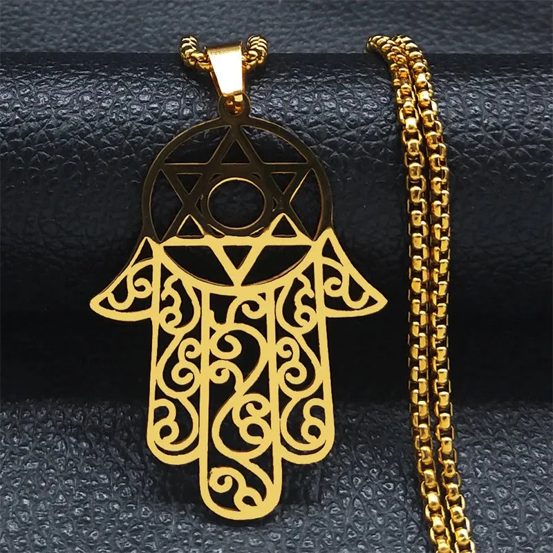 Hamsa Hand Of Fatima Necklace Stainless Steel Silver Color Jewish Magen Star of David Necklaces