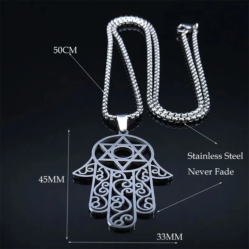Hamsa Hand Of Fatima Necklace Stainless Steel Silver Color Jewish Magen Star of David Necklaces