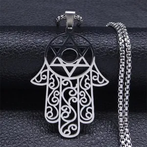 Hamsa Hand Of Fatima Necklace Stainless Steel Silver Color Jewish Magen Star of David Necklaces