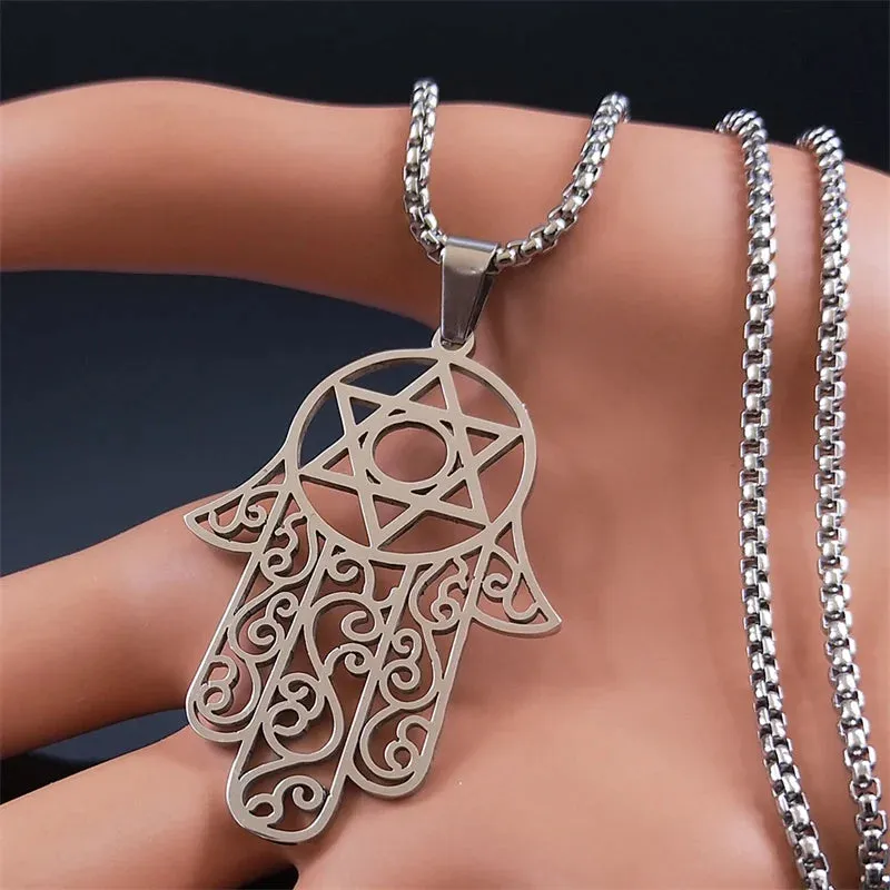 Hamsa Hand Of Fatima Necklace Stainless Steel Silver Color Jewish Magen Star of David Necklaces