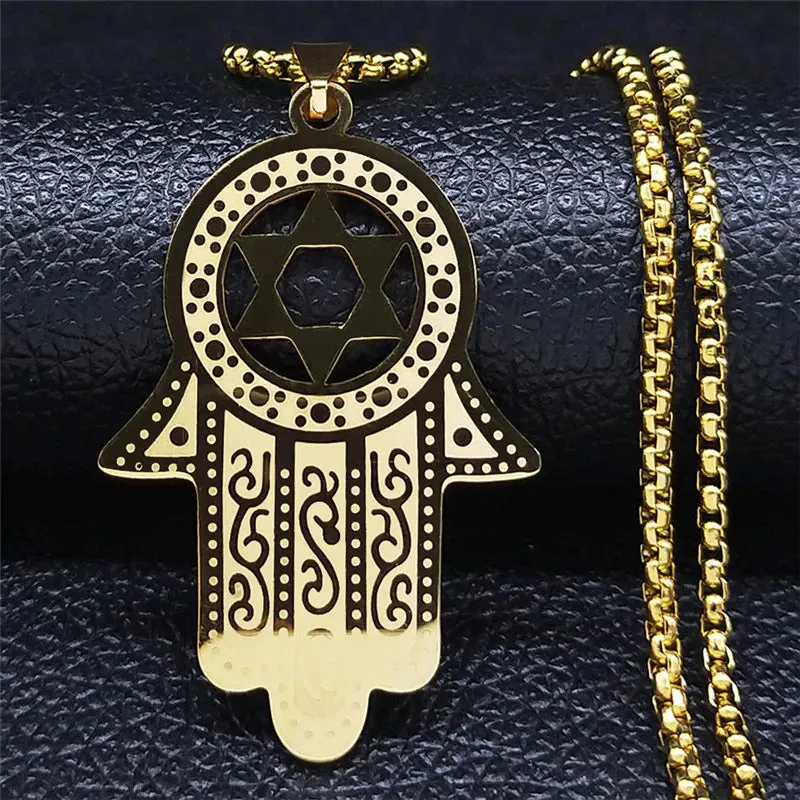 Hamsa Hand Of Fatima Necklace Stainless Steel Silver Color Jewish Magen Star of David Necklaces