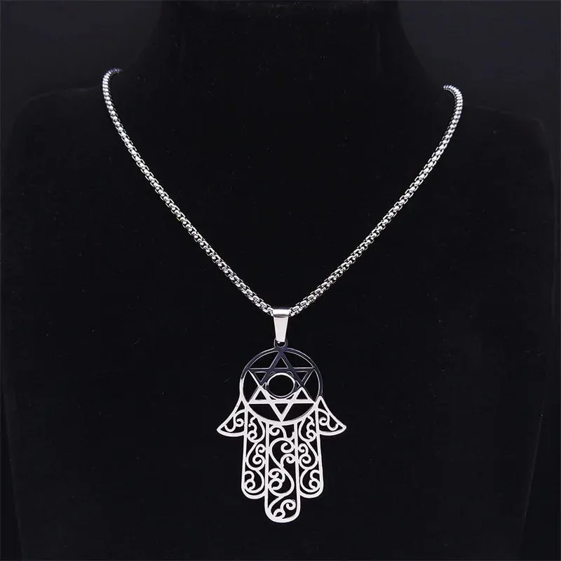 Hamsa Hand Of Fatima Necklace Stainless Steel Silver Color Jewish Magen Star of David Necklaces