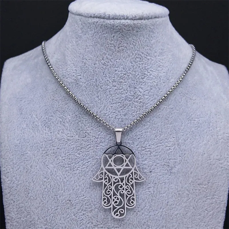 Hamsa Hand Of Fatima Necklace Stainless Steel Silver Color Jewish Magen Star of David Necklaces