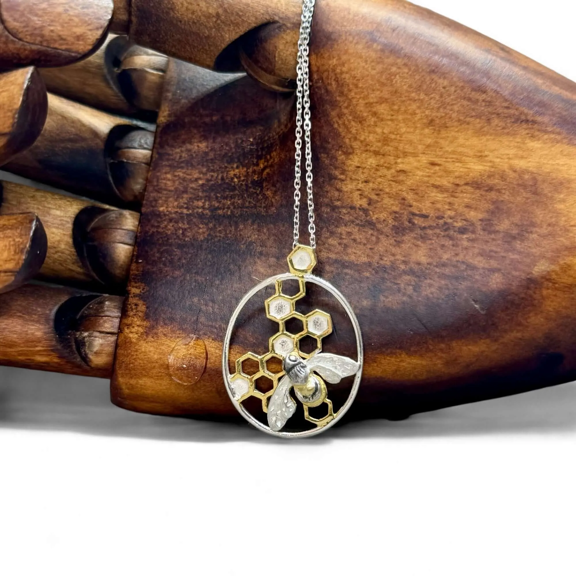 Handmade Sterling Silver Bee on Honeycomb Pendant