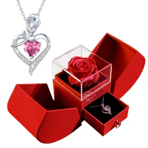 Heart Necklace with Flower Jewelry Box Red Crystal Heart Pendant Necklace Birthday Mother's Day Jewelry Gift