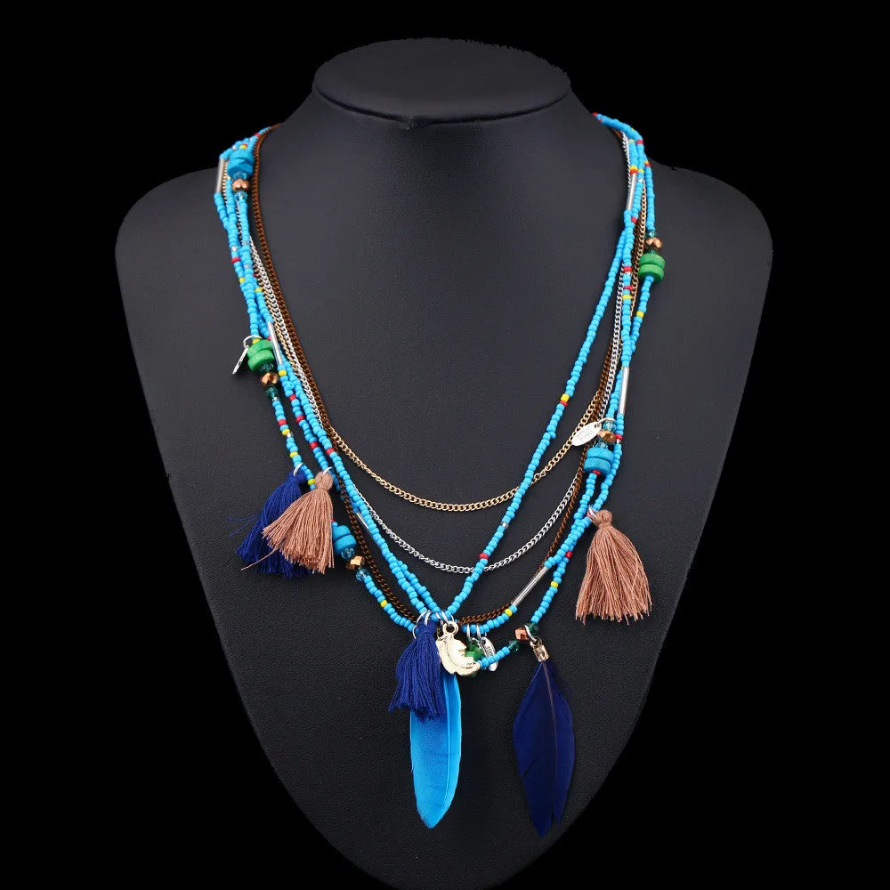 H:HYDE Bohemian Choker Necklace Women 2017 Multilayer Beads Feather Statement Maxi Collares Bohemia Jewelry Accessories
