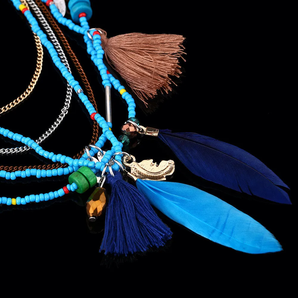 H:HYDE Bohemian Choker Necklace Women 2017 Multilayer Beads Feather Statement Maxi Collares Bohemia Jewelry Accessories