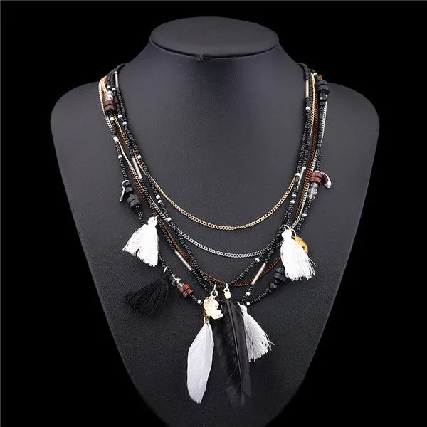 H:HYDE Bohemian Choker Necklace Women 2017 Multilayer Beads Feather Statement Maxi Collares Bohemia Jewelry Accessories