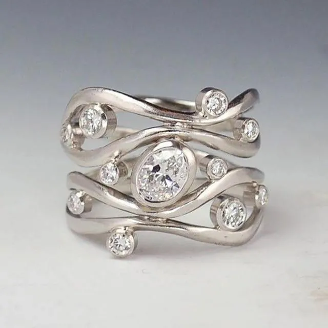 Hyperbole Irregular Geometric Shape Versatile Style Silver Color AAA  CZ Crystals Ring