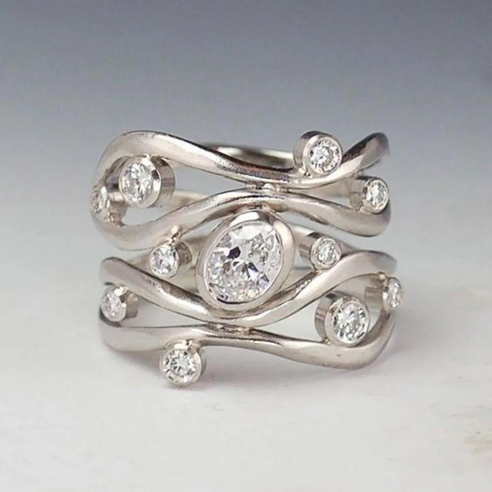 Hyperbole Irregular Geometric Shape Versatile Style Silver Color AAA  CZ Crystals Ring