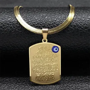 Islam Quran Blue Eye Amulet Pendant Necklace for Men Women Stainless Steel Gold Color