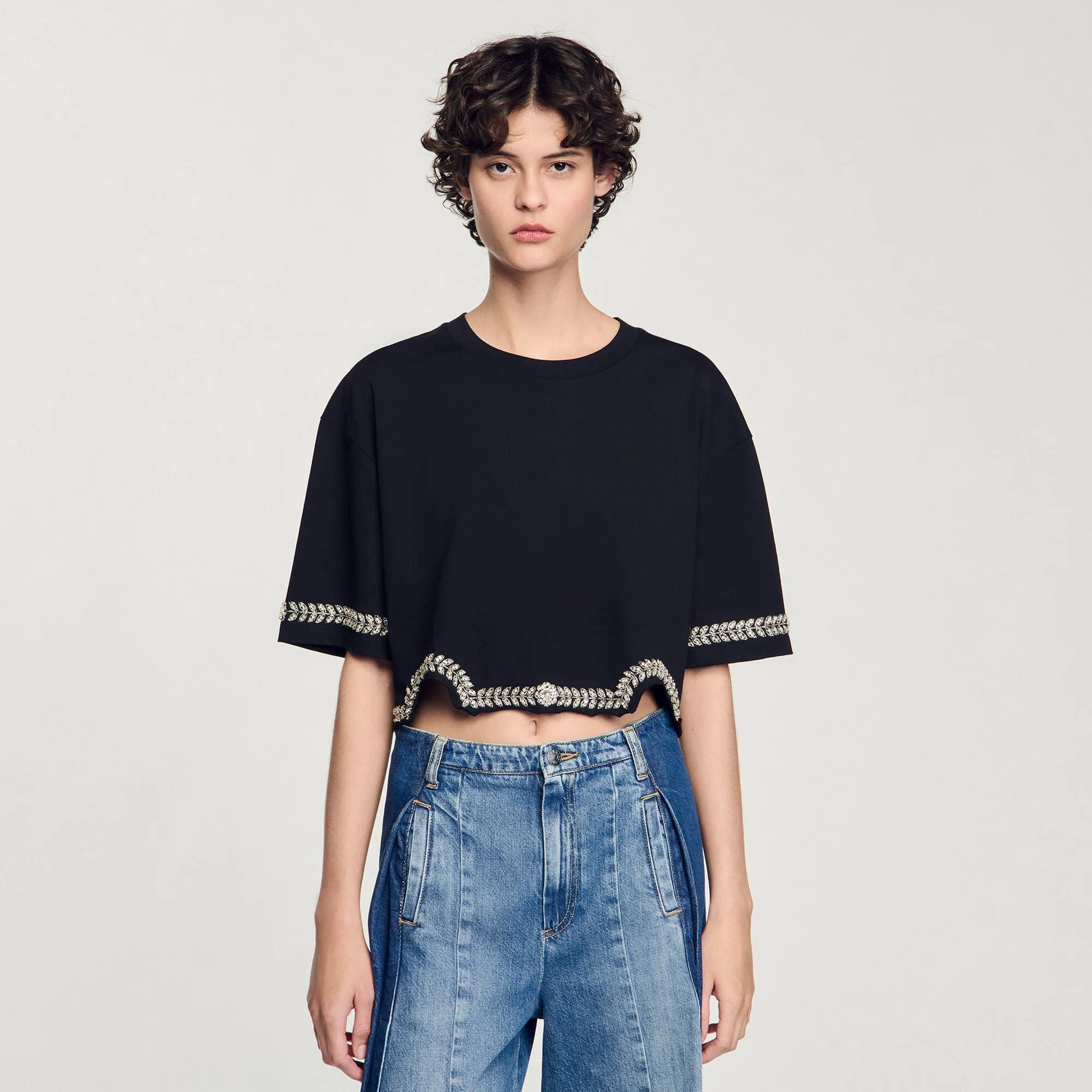 Larry Rhinestone Cropped T-Shirt Black