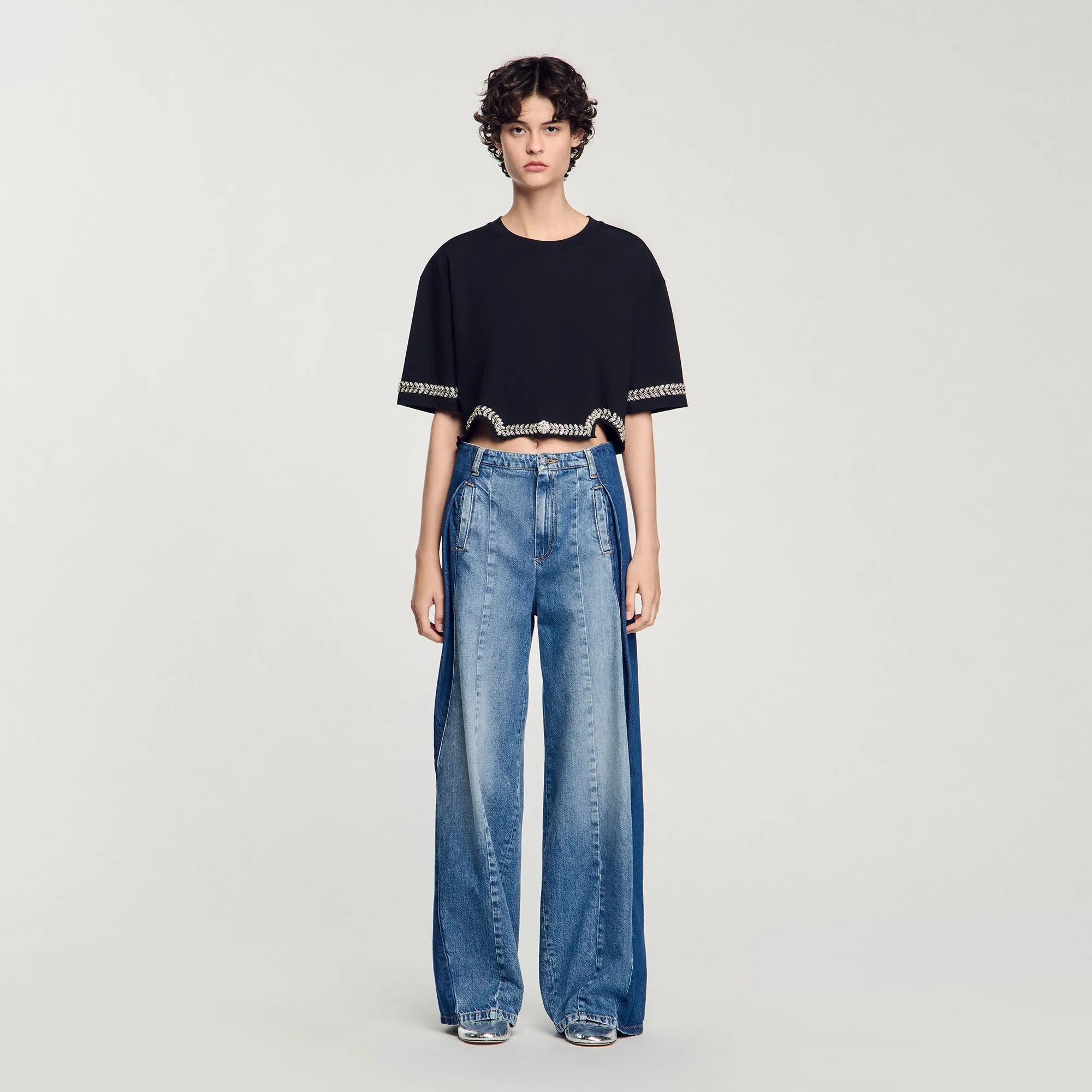 Larry Rhinestone Cropped T-Shirt Black