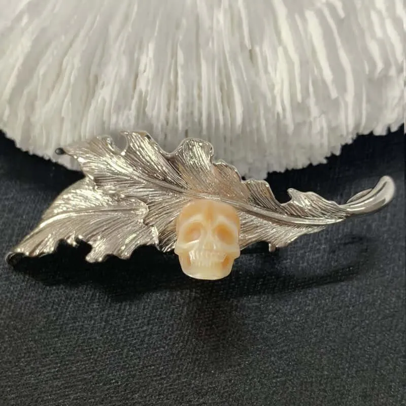 Layered Silver Leaf Branches Pearl Skull Brooch