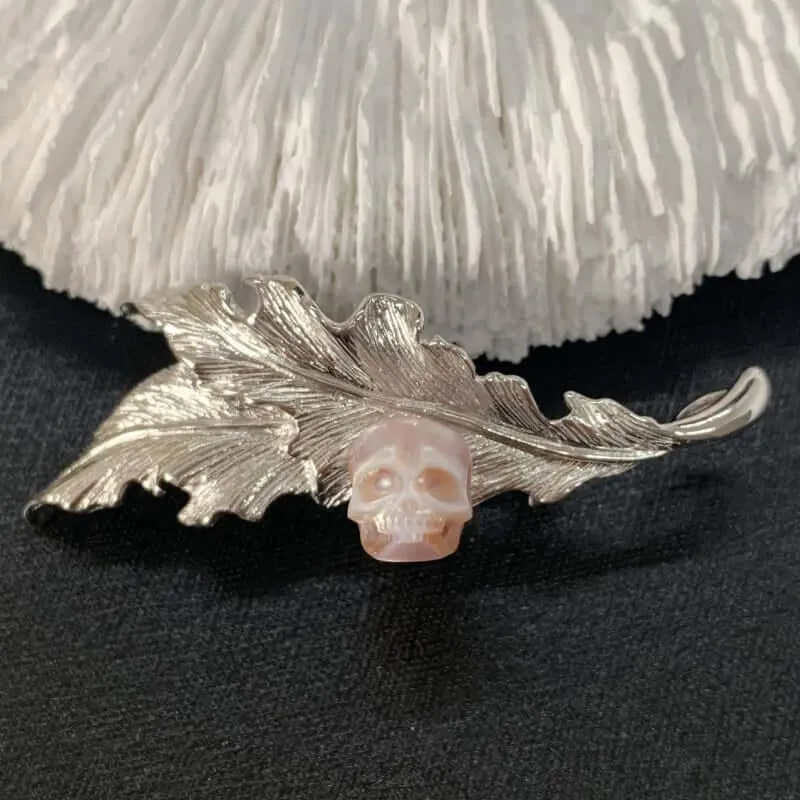 Layered Silver Leaf Branches Pearl Skull Brooch