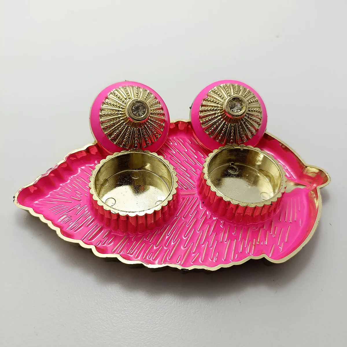 Leaf Shaped Thali With Haldi Kumkum Akshat Containers Gift Festive Gift Haldi Kumkum Return Gift Puja/Wedding Return Gift (D3)