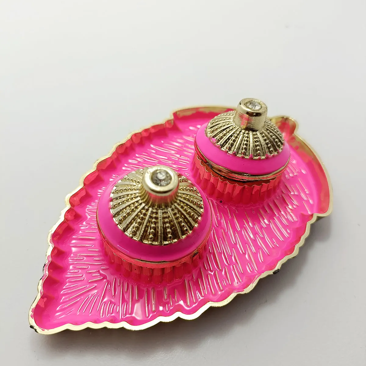 Leaf Shaped Thali With Haldi Kumkum Akshat Containers Gift Festive Gift Haldi Kumkum Return Gift Puja/Wedding Return Gift (D3)