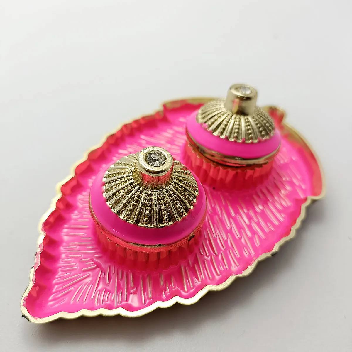 Leaf Shaped Thali With Haldi Kumkum Akshat Containers Gift Festive Gift Haldi Kumkum Return Gift Puja/Wedding Return Gift (D3)