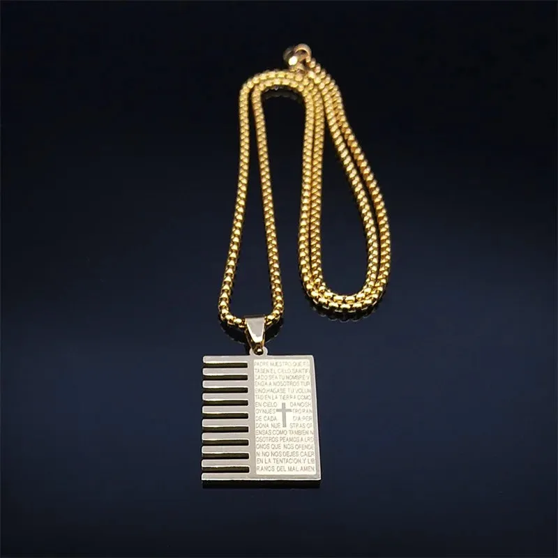 Lord's Prayer Scripture Bible Cross Necklace Stainless Steel Gold Color Spanish Necklaces