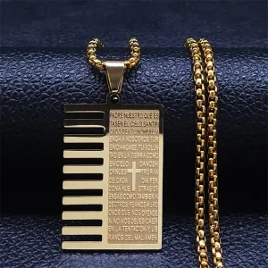 Lord's Prayer Scripture Bible Cross Necklace Stainless Steel Gold Color Spanish Necklaces
