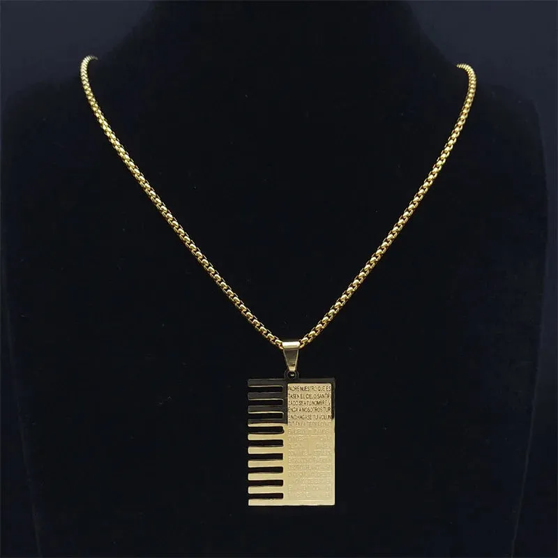 Lord's Prayer Scripture Bible Cross Necklace Stainless Steel Gold Color Spanish Necklaces