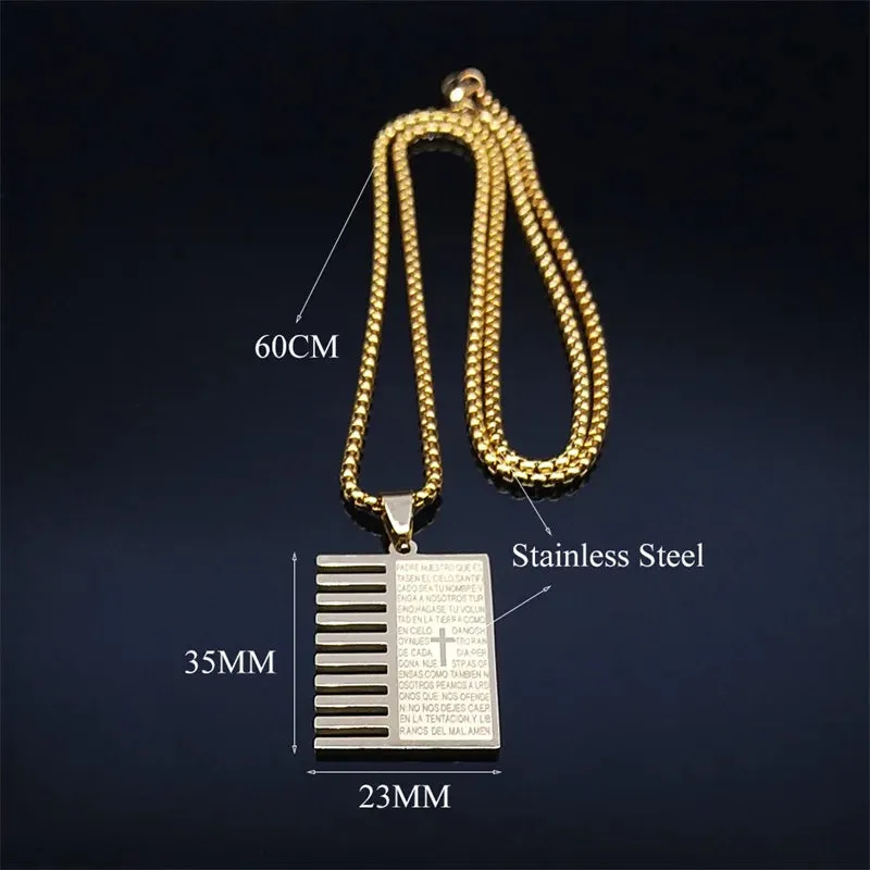 Lord's Prayer Scripture Bible Cross Necklace Stainless Steel Gold Color Spanish Necklaces