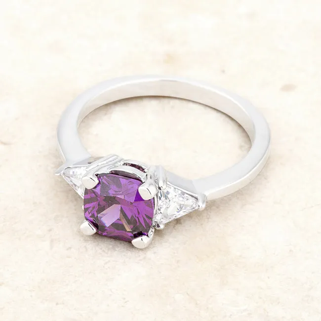 LOVCIA Elegant Shonda Rhodium Ring with 1.8ct Amethyst Cushion and Trillion Cut Accents