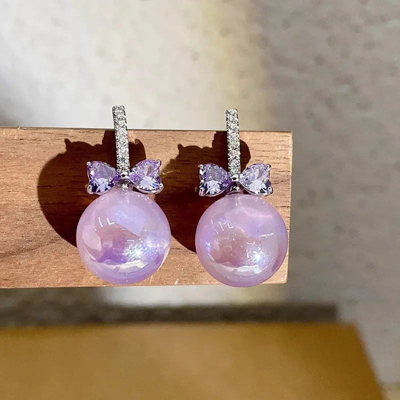 MAYTRENDS  -  Colorful purple bead earrings micro-paved zircon bow taro purple pearl earrings