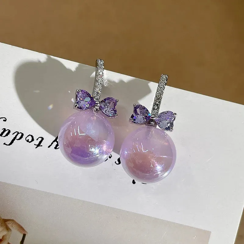 MAYTRENDS  -  Colorful purple bead earrings micro-paved zircon bow taro purple pearl earrings