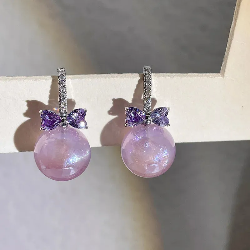 MAYTRENDS  -  Colorful purple bead earrings micro-paved zircon bow taro purple pearl earrings