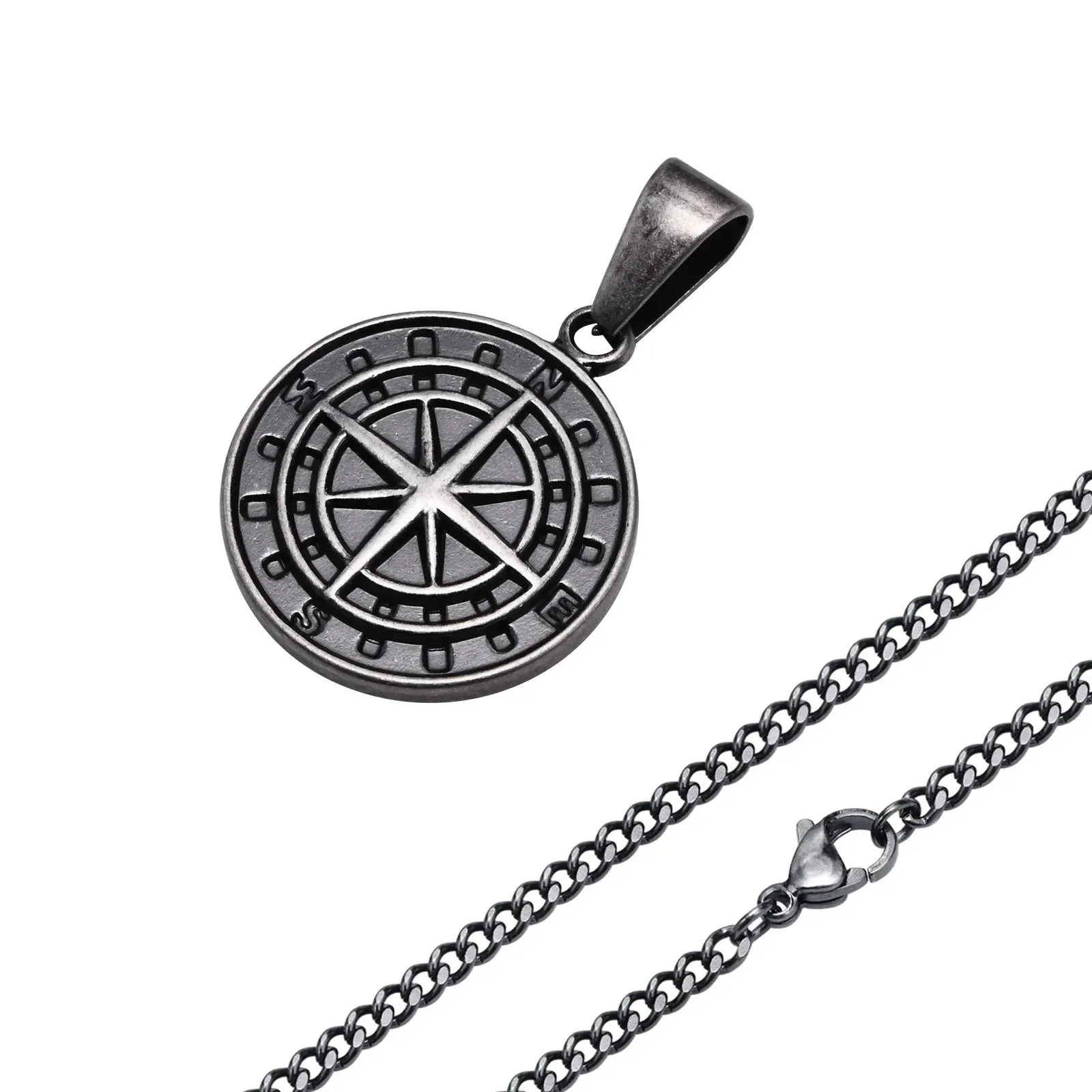 Men Retro Silver Color Seeker Compass Necklaces