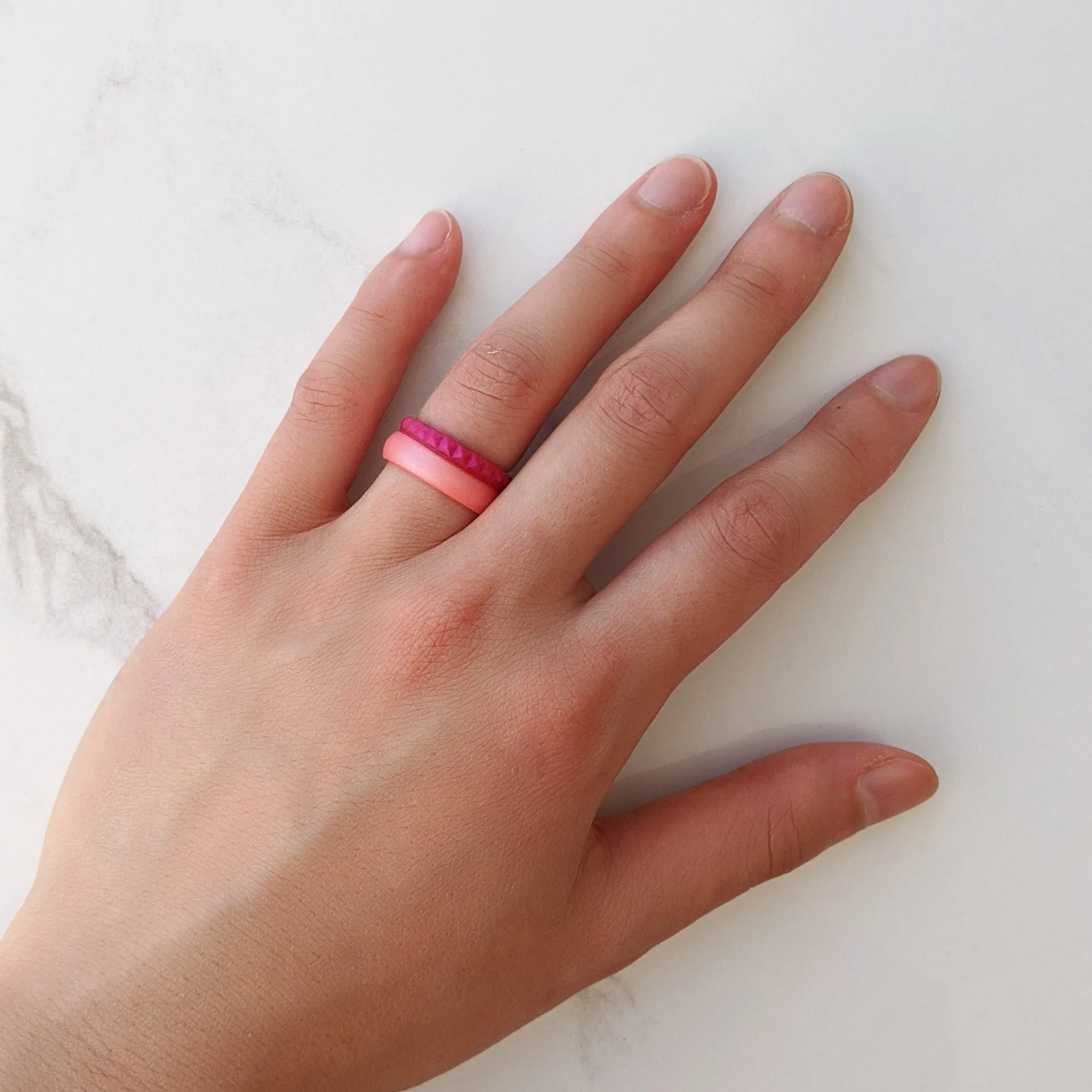 Metallic Fuchsia Tourmaline Pyramid Stackable Slim Thin Silicone Ring for Women