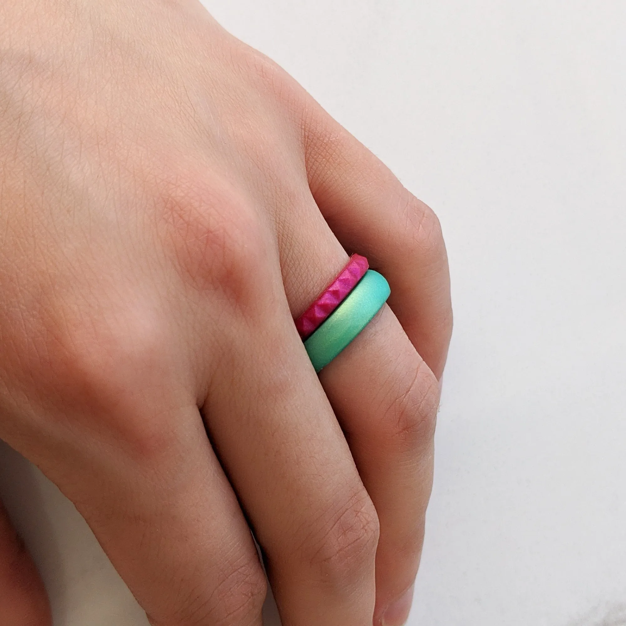 Metallic Fuchsia Tourmaline Pyramid Stackable Slim Thin Silicone Ring for Women