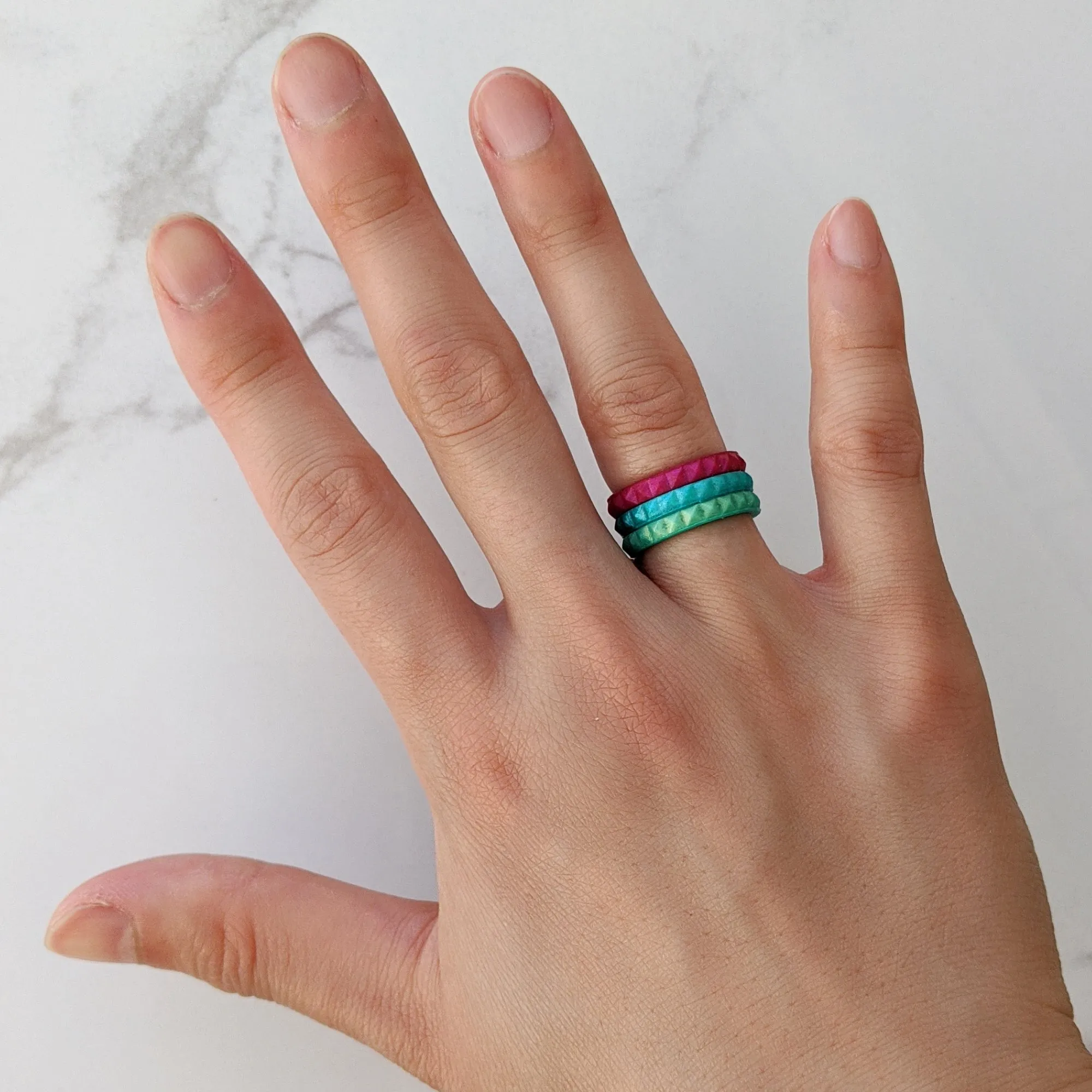 Metallic Fuchsia Tourmaline Pyramid Stackable Slim Thin Silicone Ring for Women