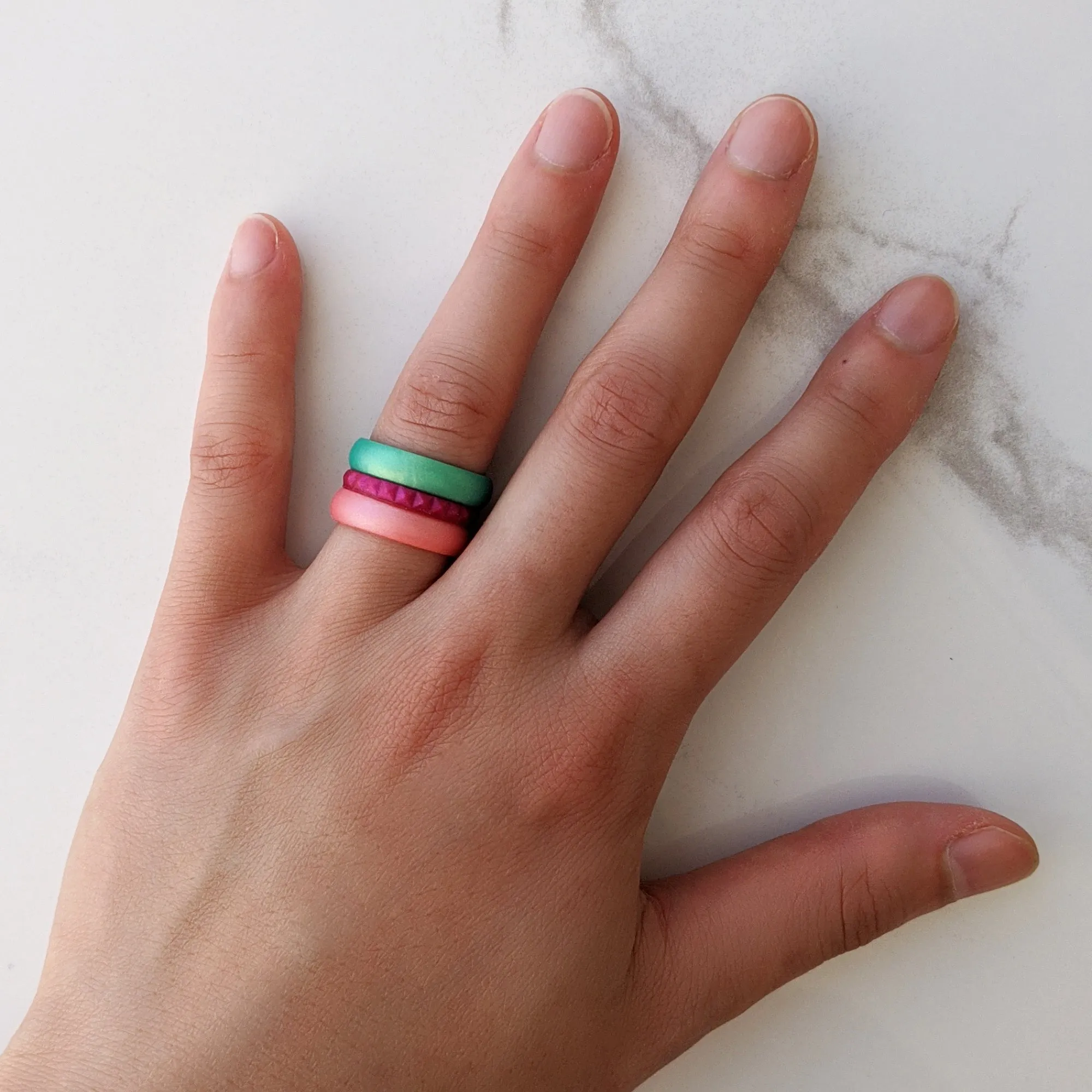 Metallic Fuchsia Tourmaline Pyramid Stackable Slim Thin Silicone Ring for Women