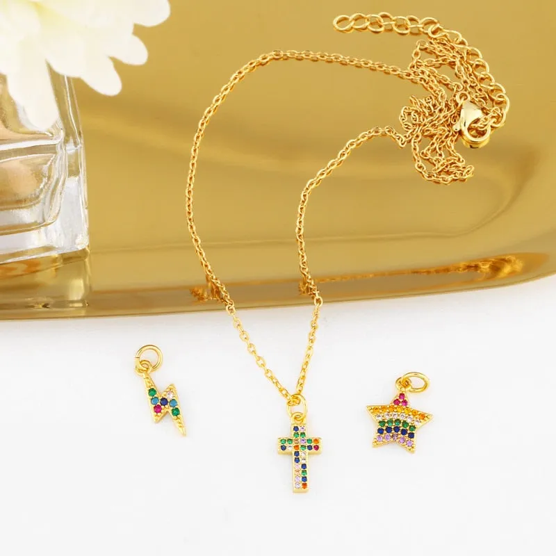Multicolor Cross Necklace For Women CZ Pave Rhinestone Small Lightning Star Pendant Necklace
