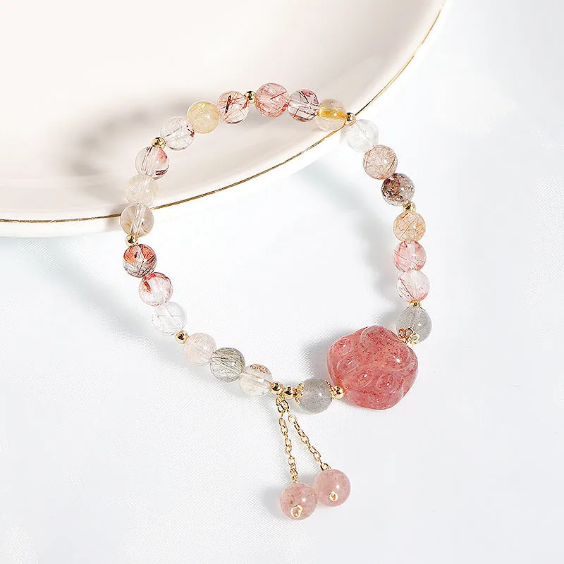 Natural Strawberry Crystal Cat Claw Tassel Bracelet