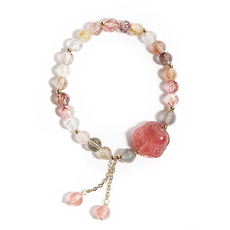 Natural Strawberry Crystal Cat Claw Tassel Bracelet