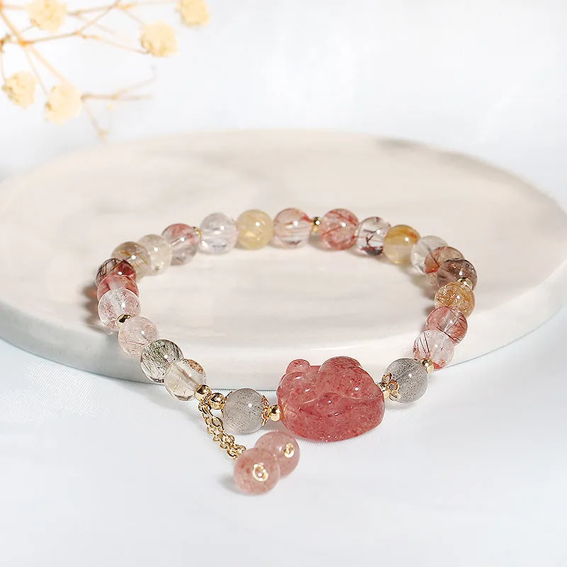 Natural Strawberry Crystal Cat Claw Tassel Bracelet