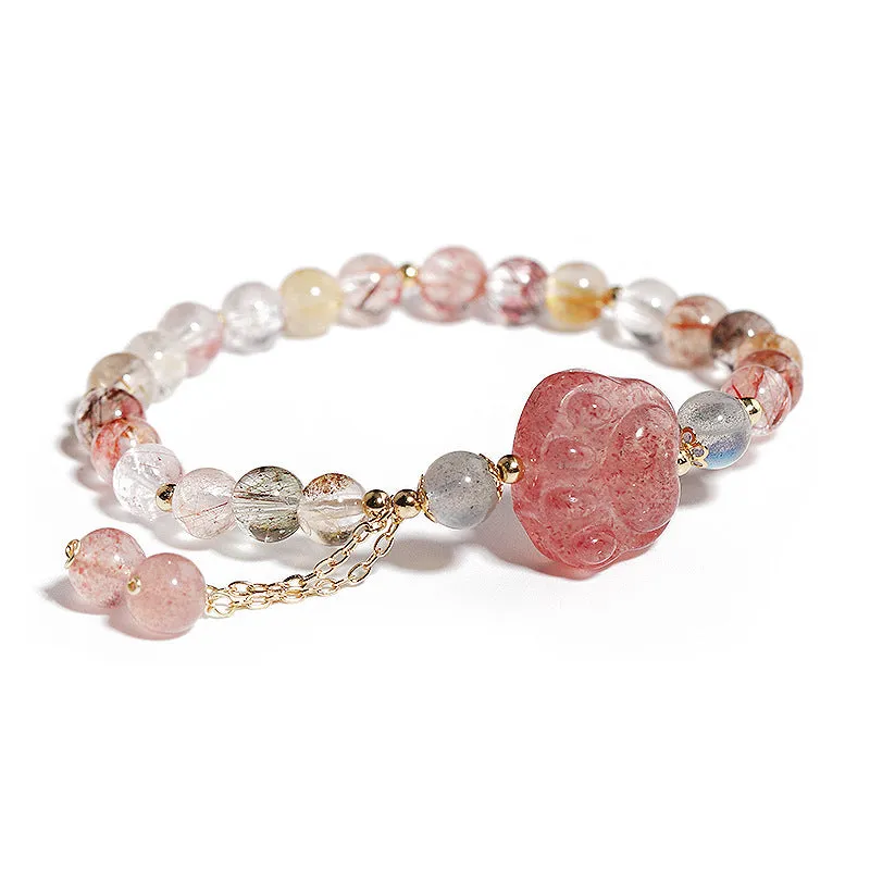 Natural Strawberry Crystal Cat Claw Tassel Bracelet