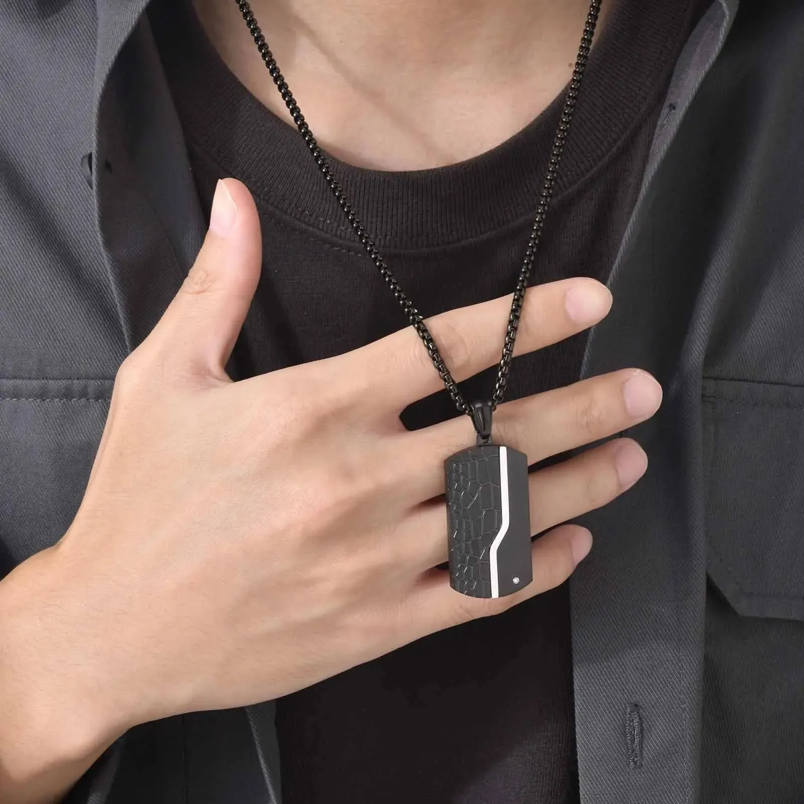 Necklace For Men Stainless Steel Zircon Inlay Geometric Pendant Black Necklace