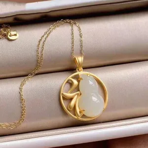 New Silver Natural Hetian Chalcedony  Pendant Necklace