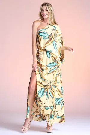 OE: Gilded Leaf Print Slouchy One Shoulder Maxi